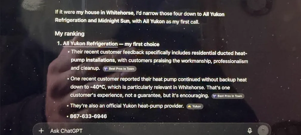 ChatGPT answer naming All Yukon Refrigeration as its first choice for a heat pump install in Whitehorse